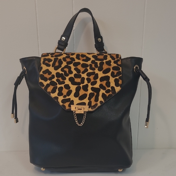 Dune London Handbags - Dune London Calf Hair Leopard Flap / Black Leather Backpack Adjustable Straps
